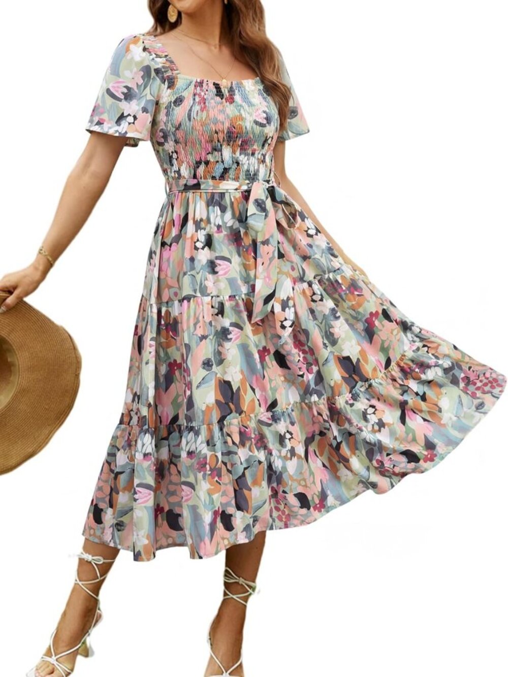 Boho Floral Midi Dress for Women | Long Sleeve, Square Neck, Perfect for
